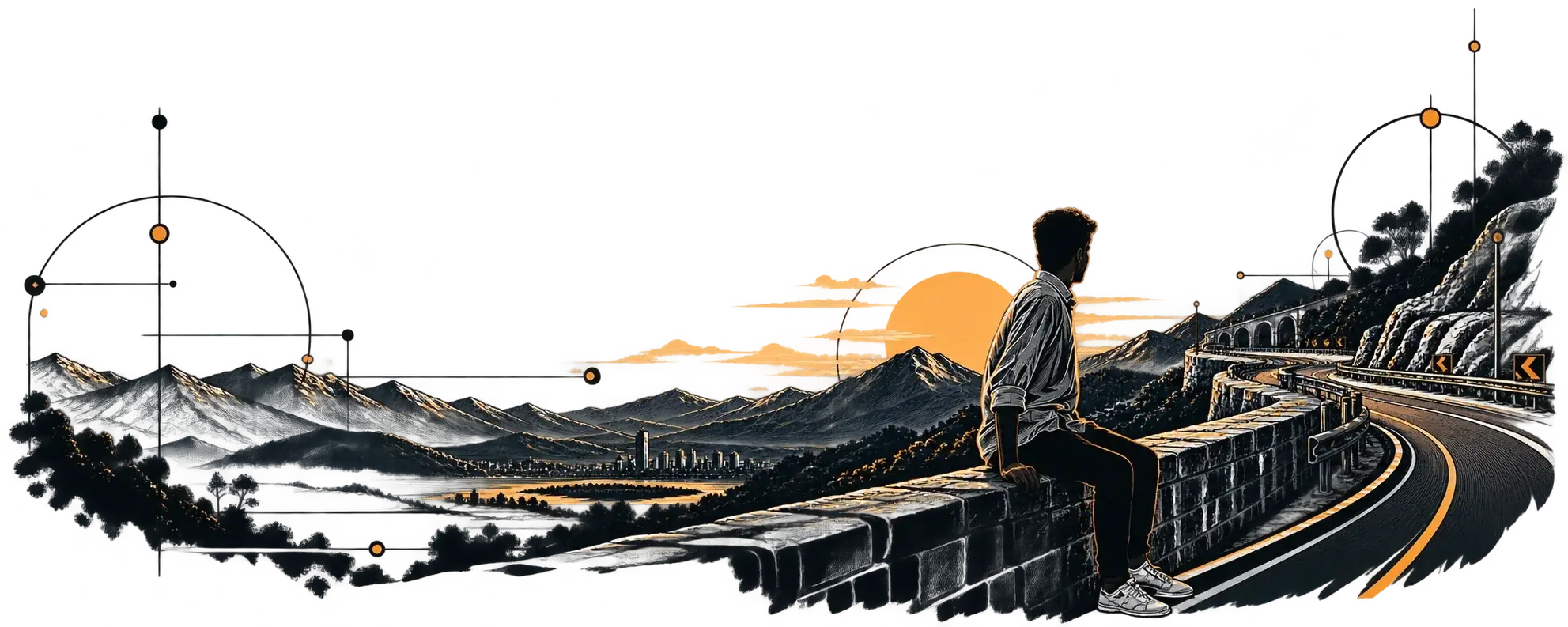 C Sarath Babu sitting on a roadside wall, looking out over the mountains at sunrise