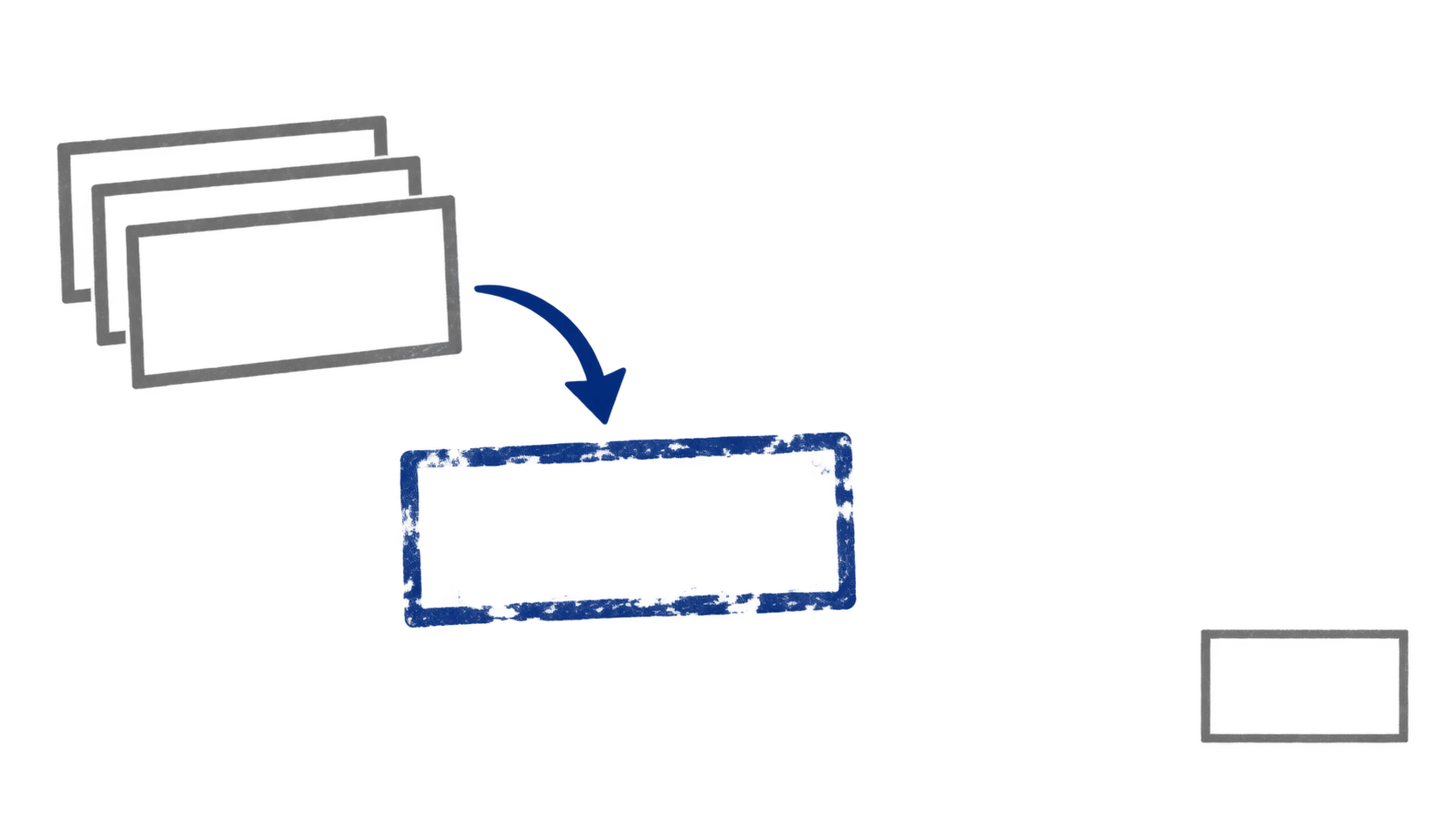 C Sarath Babu's experiment DockerizeIt, a Dockerfile generator. Three grey rectangles, one stamped in navy ink, and one left un-stamped