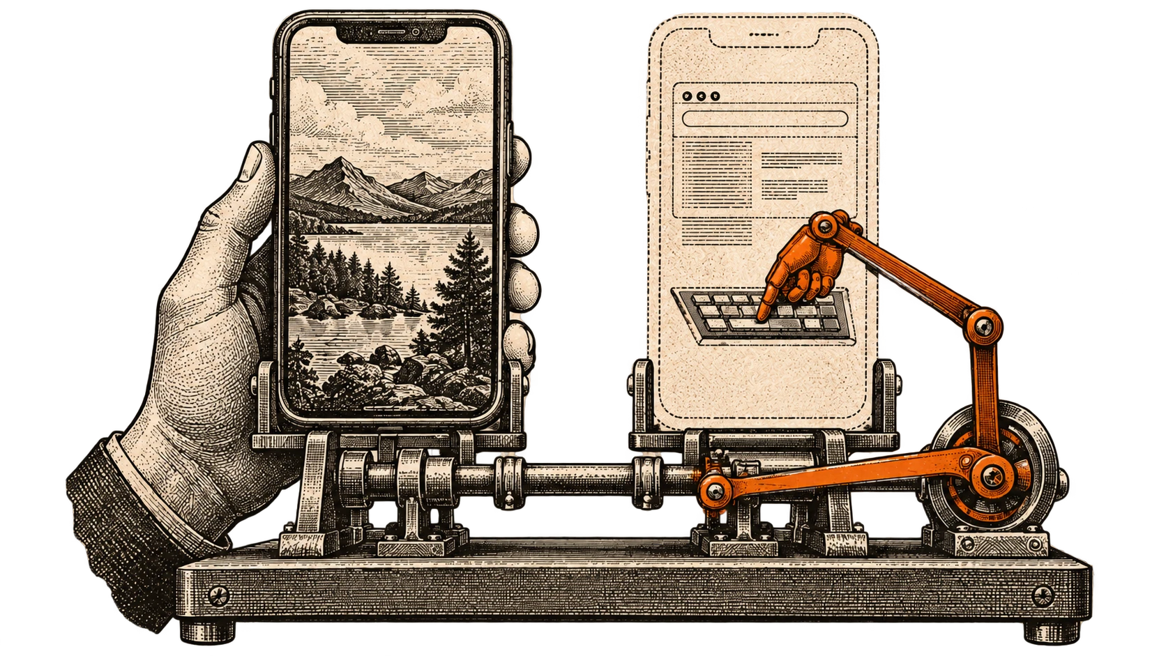 C Sarath Babu's experiment Headless Android SDK. Two phones on one drive shaft, one held in a hand and one ghosted, typed on by a mechanical arm