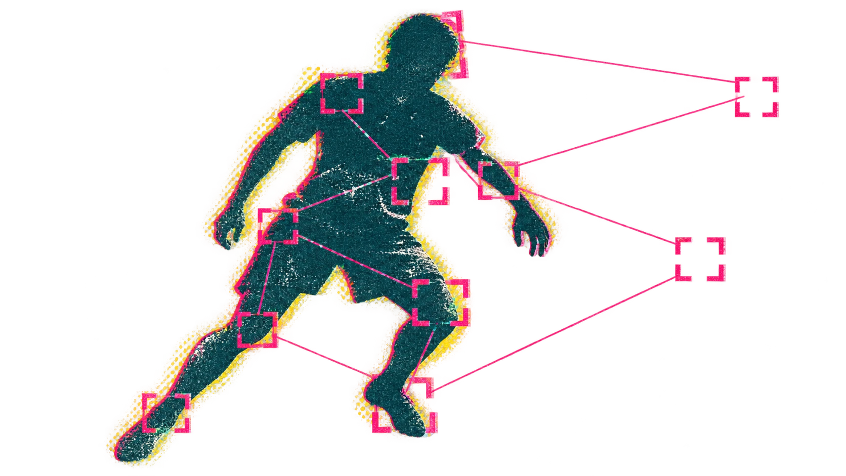 C Sarath Babu's experiment Percept, a machine-vision camera. A risograph figure in teal with pink tracking brackets printed slightly offset
