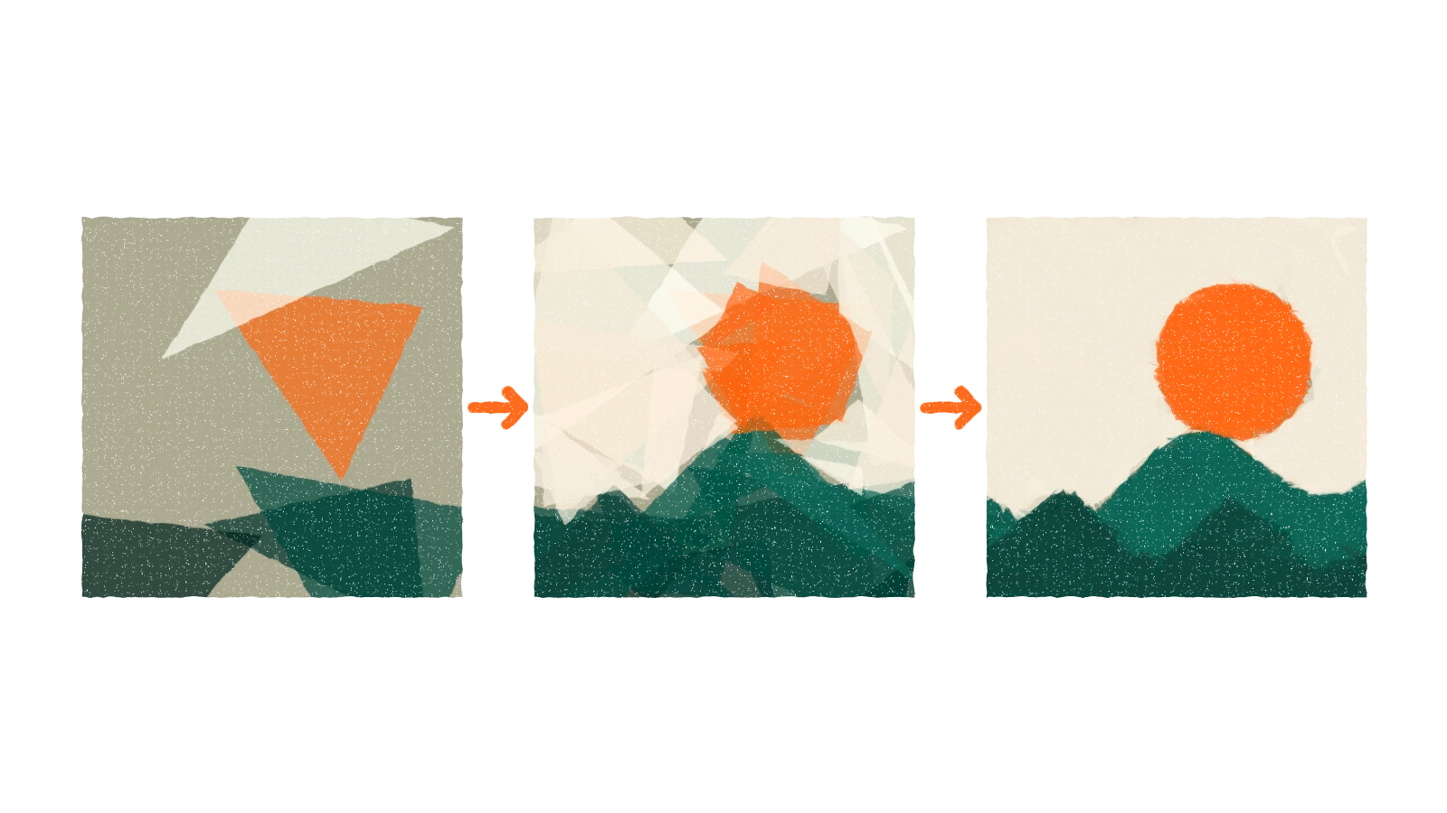 C Sarath Babu (Chidatala Sarath Babu)'s experiment Primitive, a picture rebuilt from shapes. The same sun over two hills three times, made from 5, then 40, then 160 translucent triangles, getting sharper each time