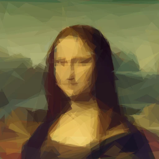 The same painting rebuilt from 200 overlapping translucent triangles, soft and abstract but still clearly her face and hair