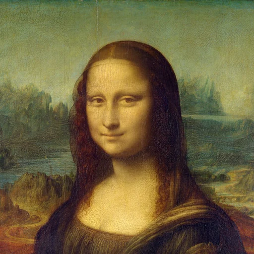 The Mona Lisa painting, a woman with long dark hair and a faint smile in front of a hazy landscape