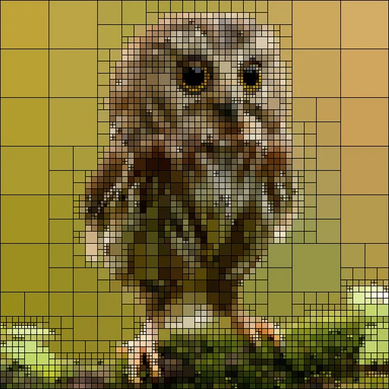 A photograph of an owl rebuilt from small squares with thin dark outlines, finer around the eyes and feathers