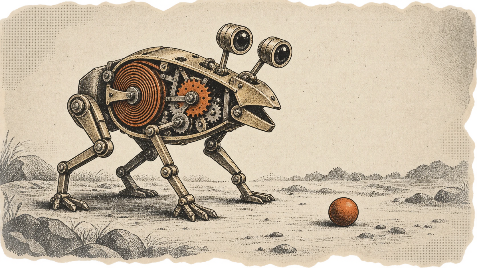 C Sarath Babu's research on a non-neural learning agent. A clockwork creature with its gears visible, leaning toward an object on the ground