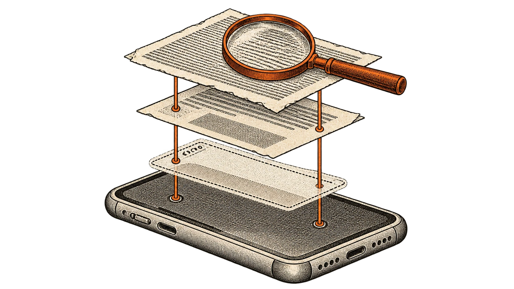 C Sarath Babu's Fetch, an on-device knowledge engine. Three paper cards stacked above a phone, a magnifying glass resting on the topmost