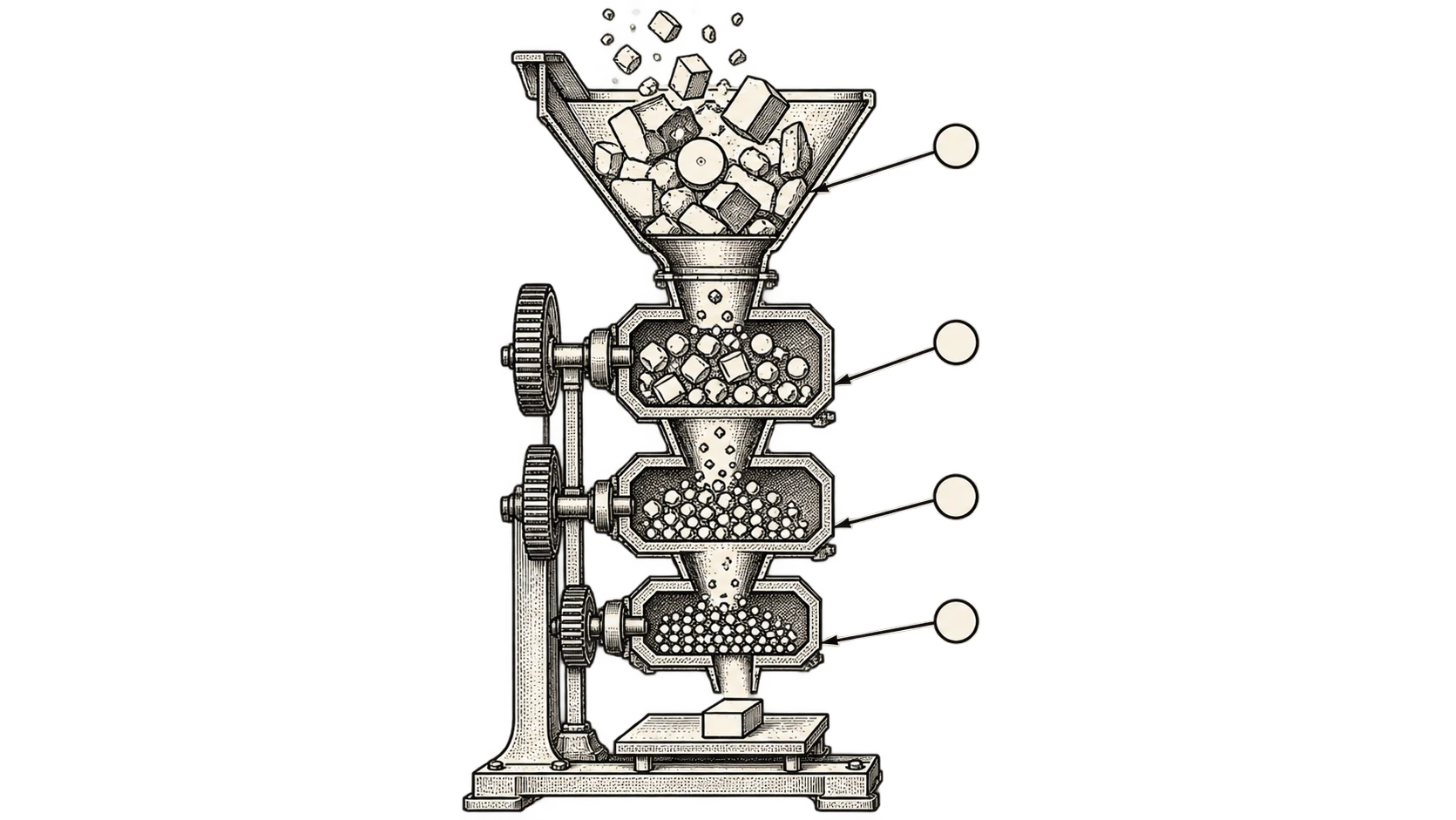C Sarath Babu's LLMBuilder, a toolkit for training language models. A patent drawing of a mill, irregular lumps entering a hopper and ground progressively finer
