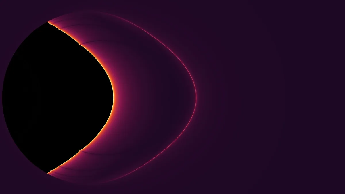 A dark purple fractal with a glowing orange edge curving around a black shape on the left