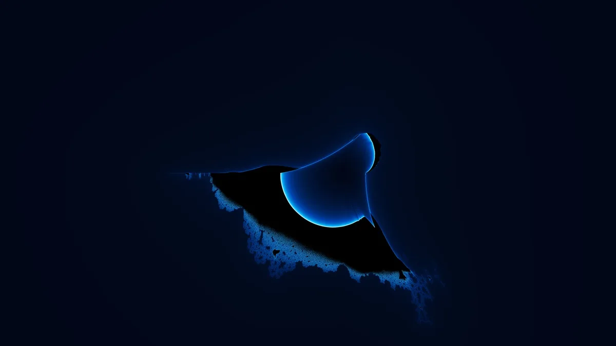 A glowing blue curved shape on a nearly black background, with a speckled blue edge trailing off below it