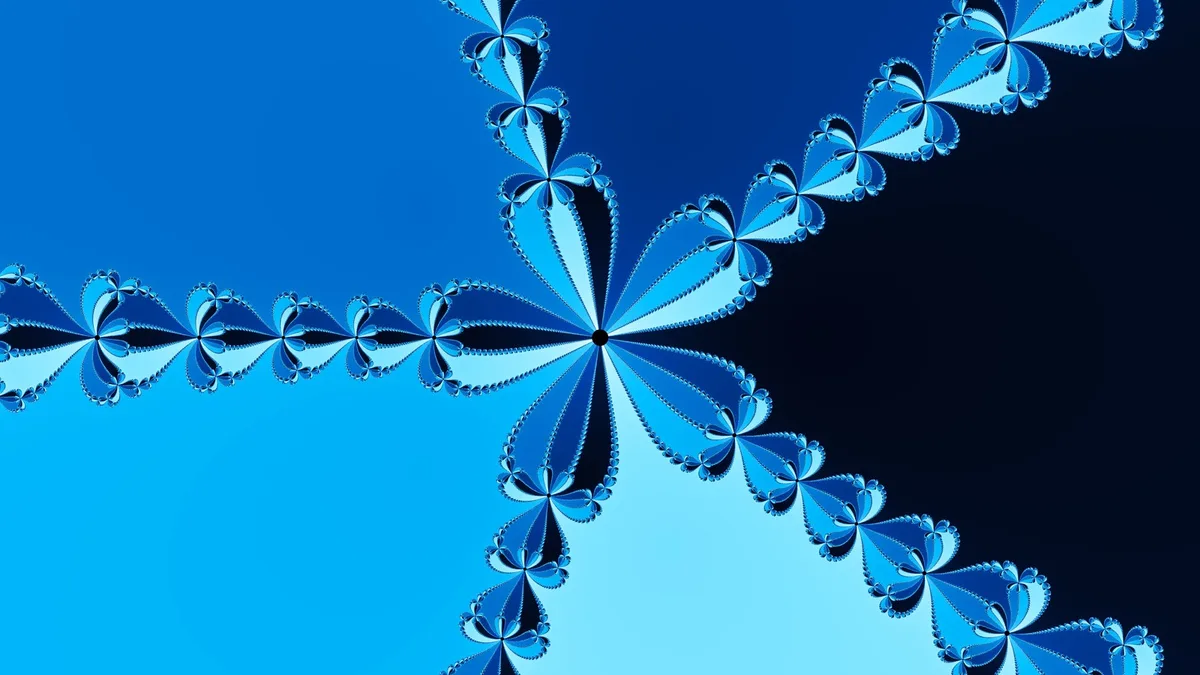 A Newton-Raphson fractal in blues, with flower-shaped petals along the boundaries between smooth blue regions, all meeting at one black dot