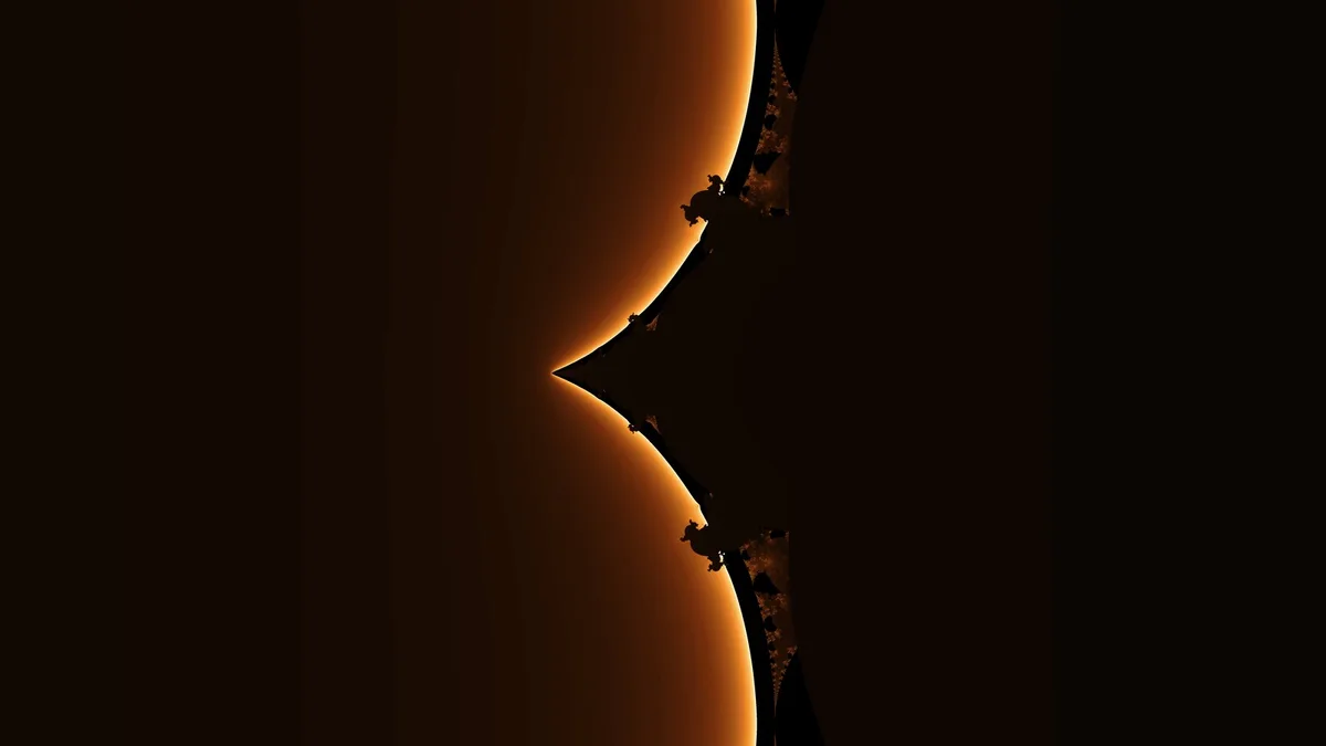 A fractal in amber and black, a glowing orange curve wrapped around a dark spike that points left