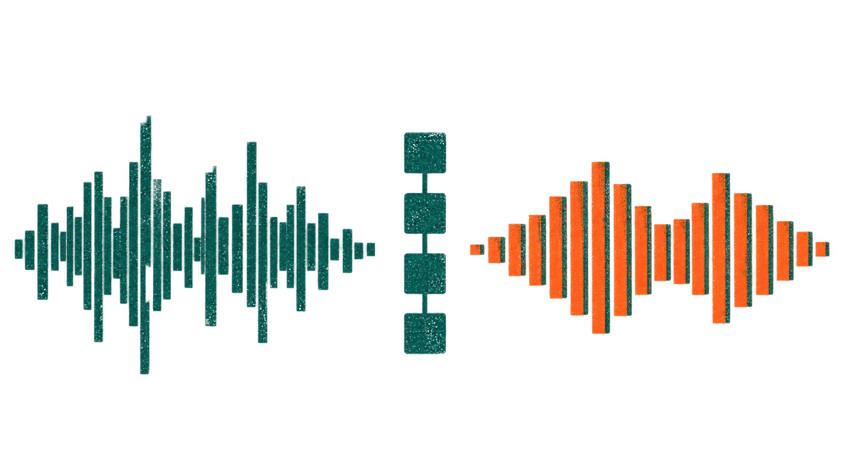 C Sarath Babu's Speech to Speech Mobile, an on-device voice engine. A rough teal waveform, four stages, and a cleaner orange waveform