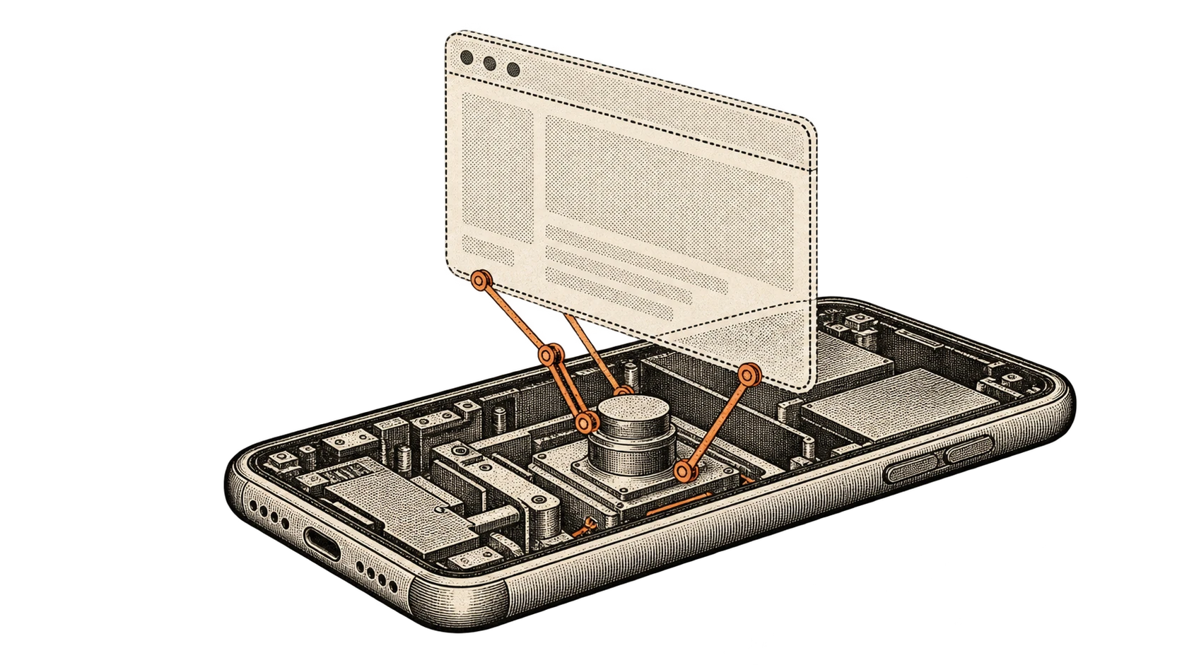 C Sarath Babu's WebDroid, browser automation for Android. An engraving of a phone opened up, a ghosted browser window rising from inside it