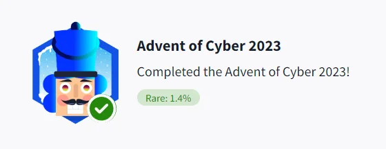 C Sarath Babu's TryHackMe Advent of Cyber 2023 completion badge, rarity 1.4 percent
