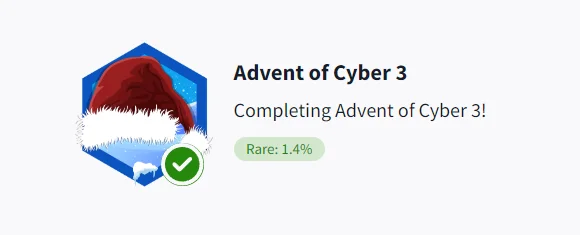 C Sarath Babu's TryHackMe Advent of Cyber 3 completion badge, rarity 1.4 percent