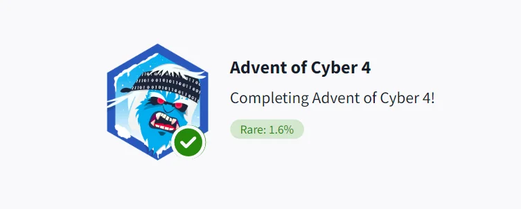 C Sarath Babu's TryHackMe Advent of Cyber 4 completion badge, rarity 1.6 percent