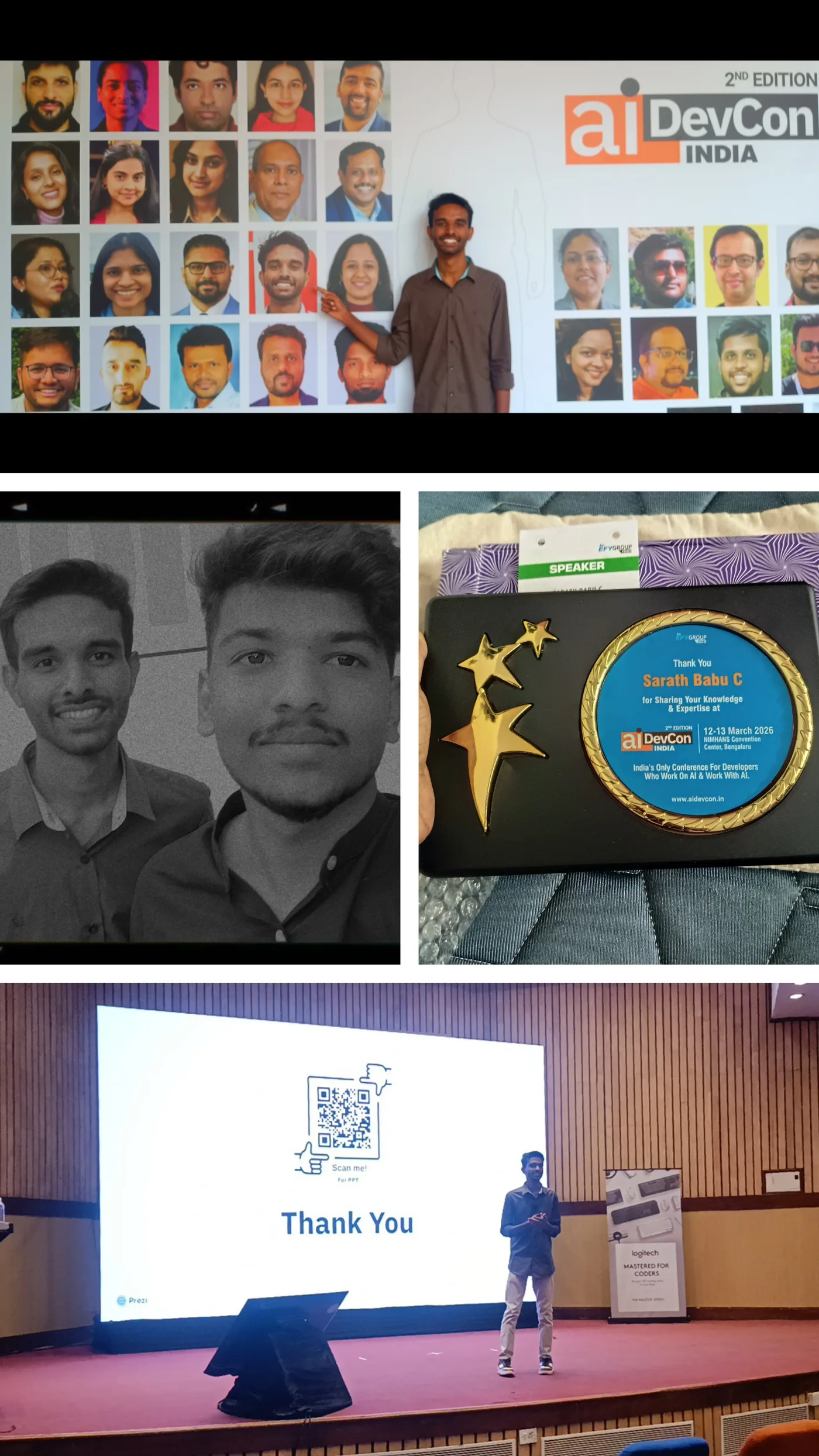 C Sarath Babu at AIDevCon India 2026 with his brother Satish, the speaker wall, and the memento thanking Sarath Babu C for sharing his knowledge