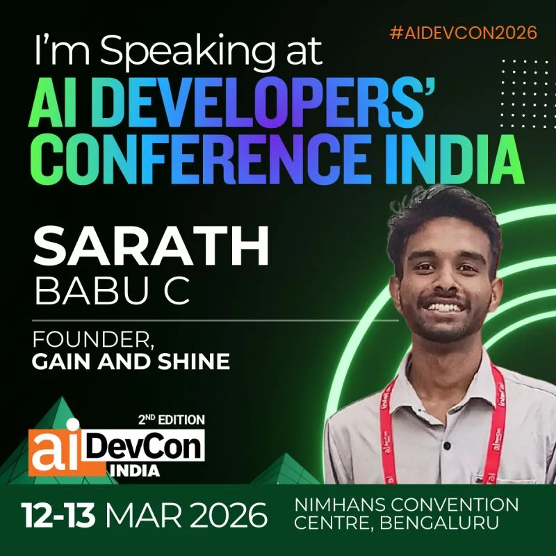 C Sarath Babu's speaker card for AIDevCon India 2026, listed as founder of Gain and Shine