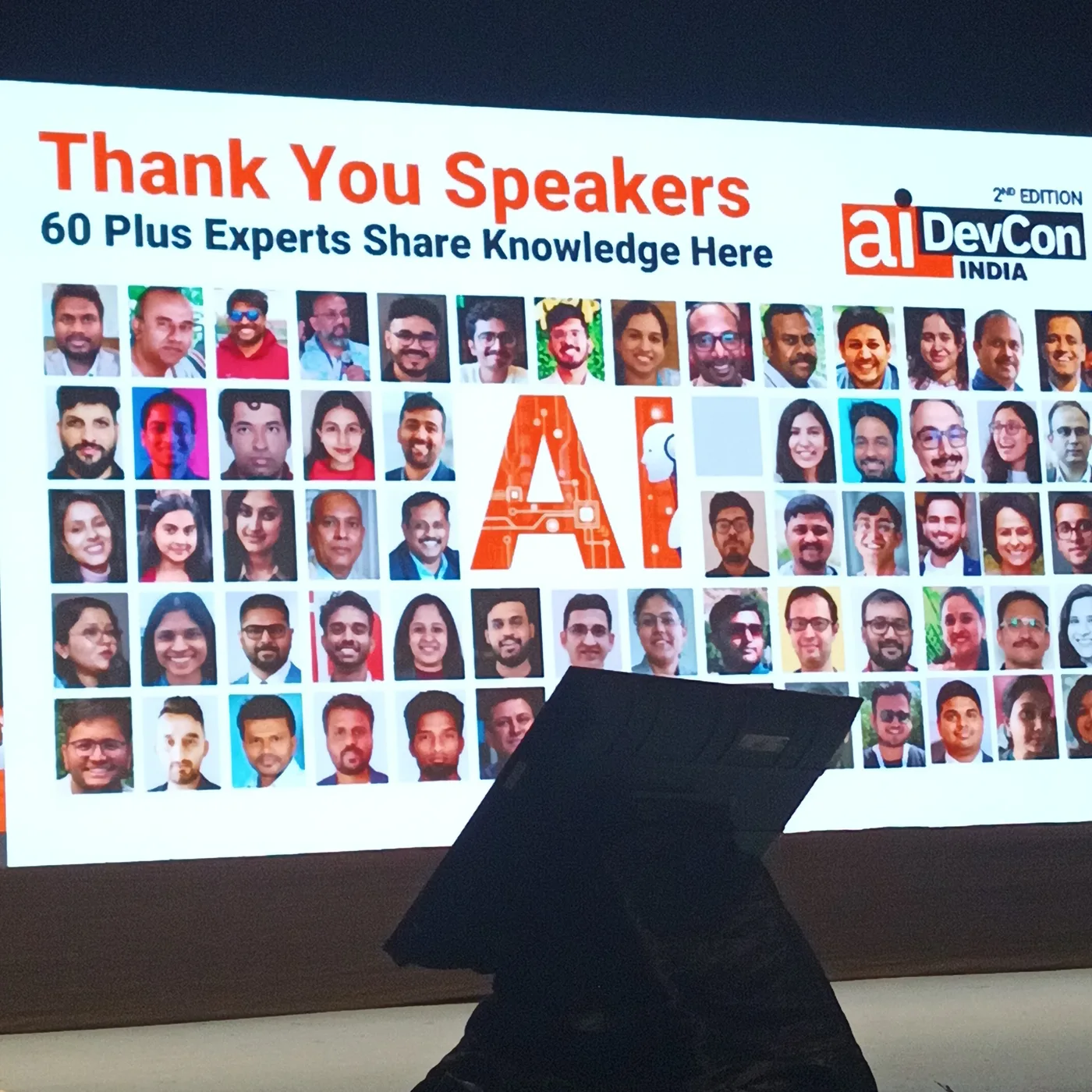 C Sarath Babu at AIDevCon India 2026, the Thank You Speakers screen listing 60 plus experts