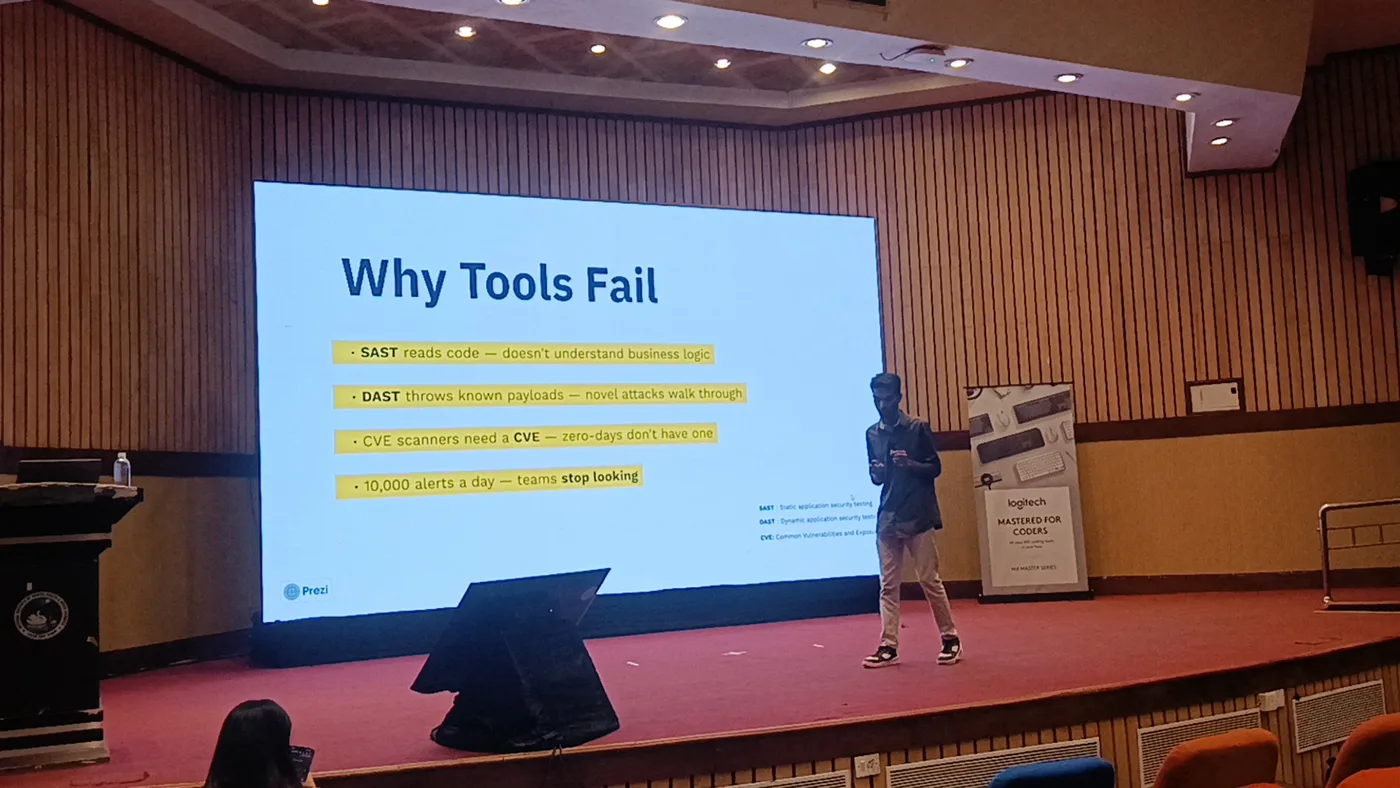 C Sarath Babu speaking at AIDevCon India 2026, presenting the Why Tools Fail slide