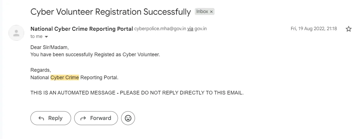 C Sarath Babu's writing on cybercrime volunteering. The National Cyber Crime Reporting Portal email confirming his registration as a Cyber Volunteer, 19 August 2022