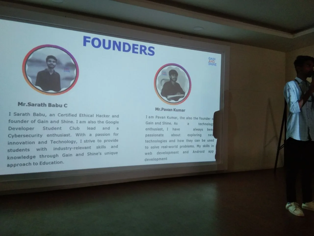 C Sarath Babu's writing on the Gain and Shine launch, 2023. The founders slide naming C Sarath Babu and Pavan Kumar