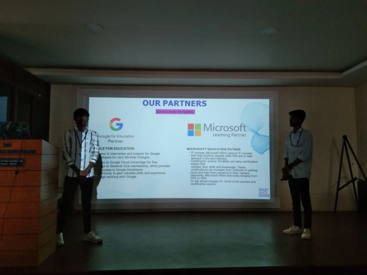 C Sarath Babu's writing on the Gain and Shine launch, 2023. Sarath and Pavan presenting the partners slide showing Google for Education and Microsoft Learning Partner