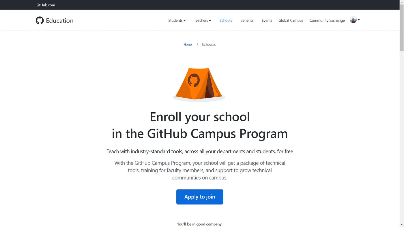 C Sarath Babu's writing on GitHub Campus, 2023. The GitHub Education page for enrolling a school in the Campus Program