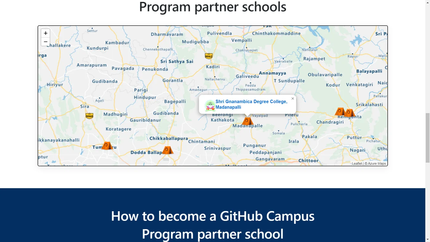 C Sarath Babu's writing on GitHub Campus, 2023. Shri Gnanambica Degree College, Madanapalli pinned on the GitHub Campus partner map