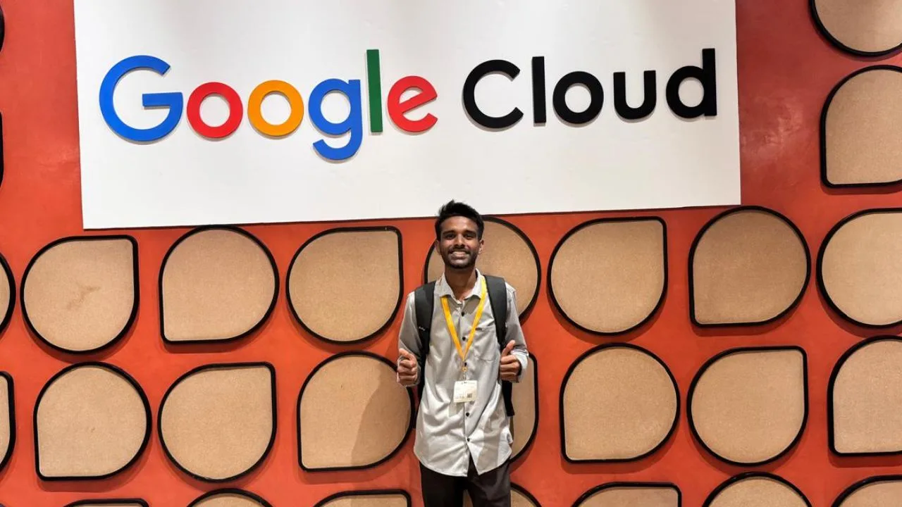 C Sarath Babu's writing on Google for Startups, 2024. Standing at the Google Cloud wall at Google India, Bangalore