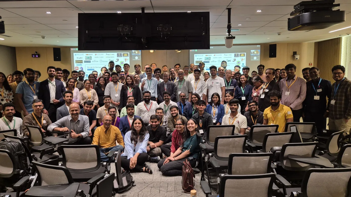 C Sarath Babu's writing on Google for Startups, 2024. The full AI Startup School cohort group photo at Google India, Bangalore