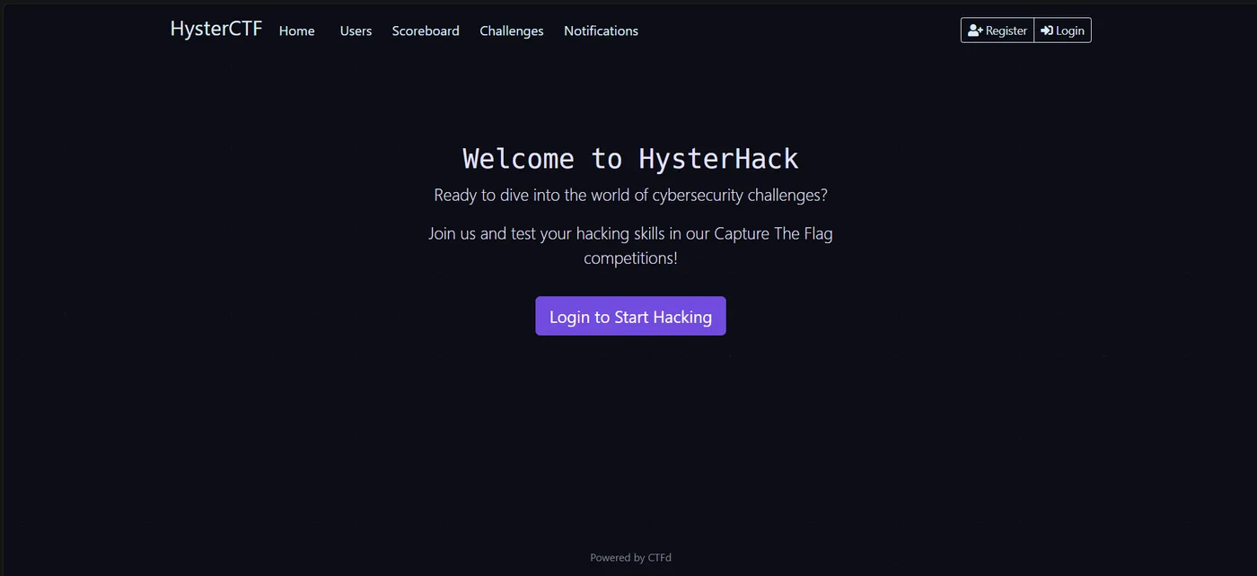 C Sarath Babu's HysterHack CTF platform. The landing page reading Welcome to HysterHack, powered by CTFd