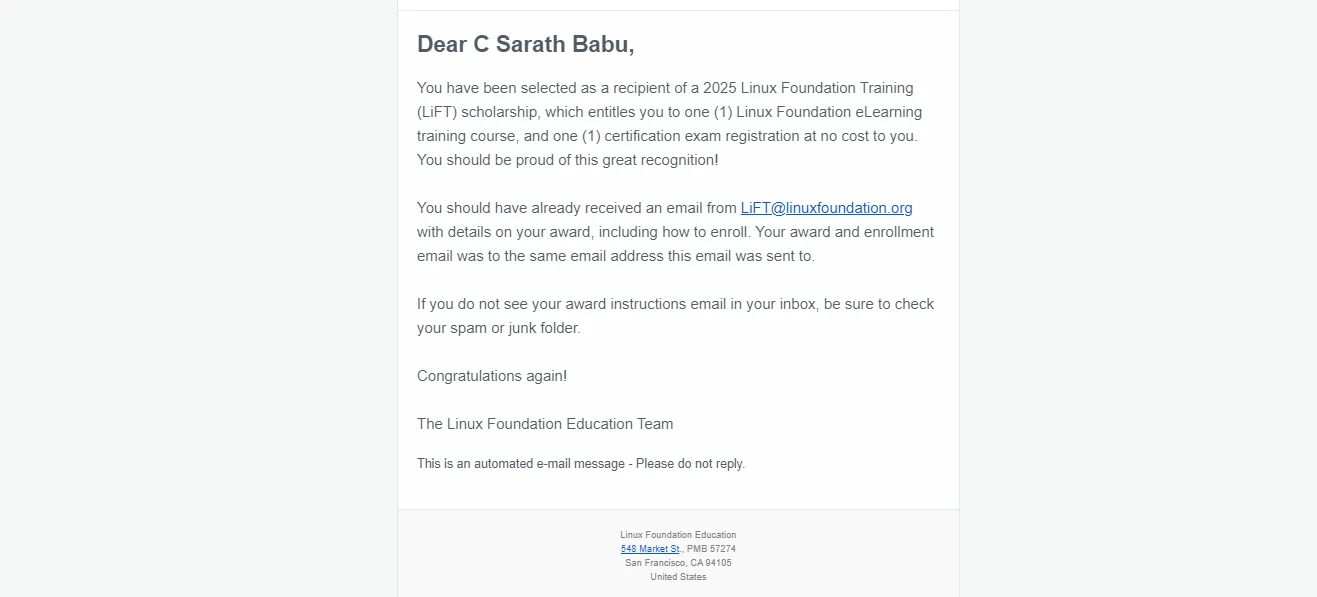 C Sarath Babu's Linux Foundation LiFT scholarship award email, granting one eLearning course and one certification exam