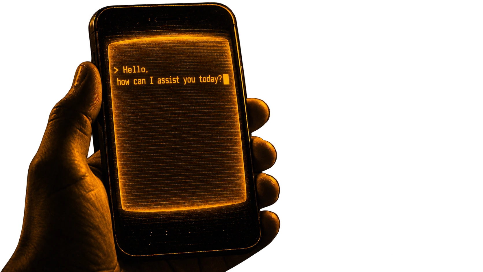C Sarath Babu's writing on running a language model offline. A hand holding a phone whose screen glows amber like an old terminal
