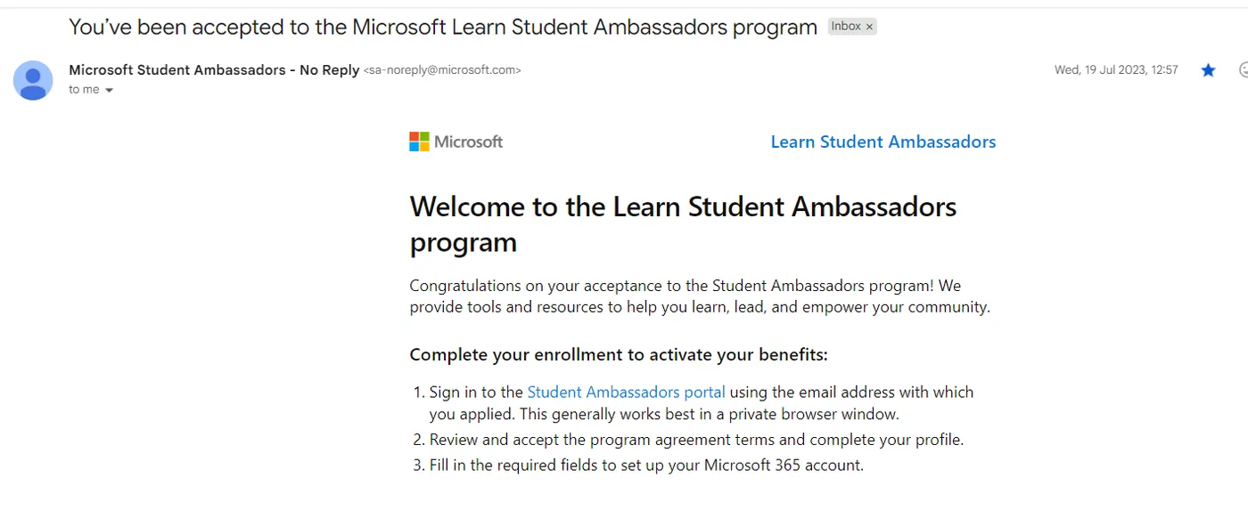 C Sarath Babu's writing on the Microsoft Learn Student Ambassadors programme, 2023. The acceptance email, 19 July 2023