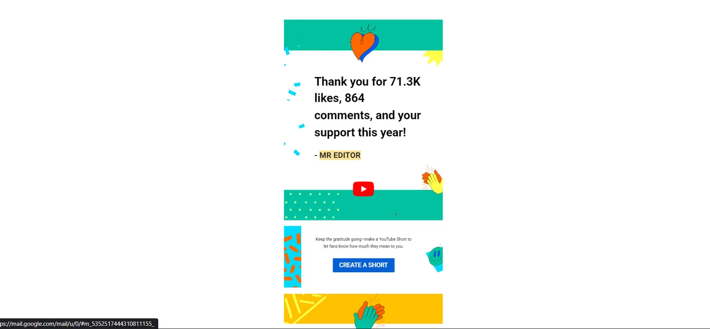 C Sarath Babu's MR EDITOR 2021 YouTube thank you card for 71.3 thousand likes and 864 comments