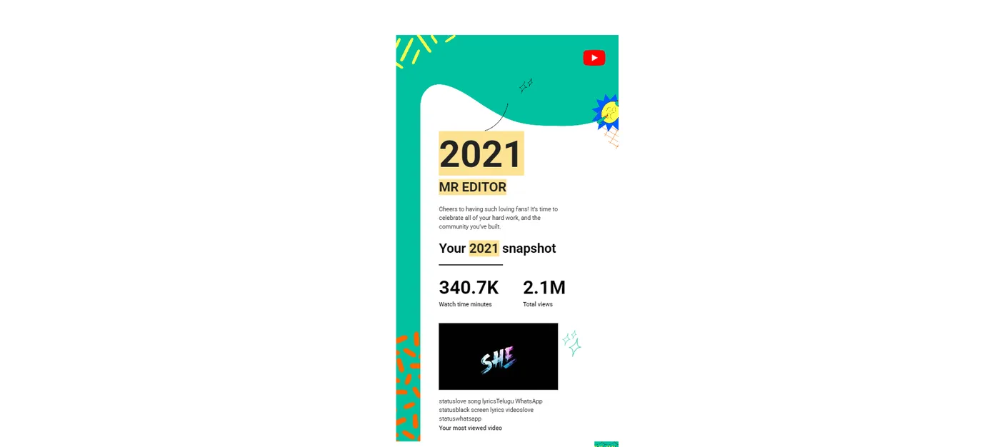 C Sarath Babu's MR EDITOR 2021 YouTube recap showing 2.1 million total views and 340.7 thousand watch time minutes