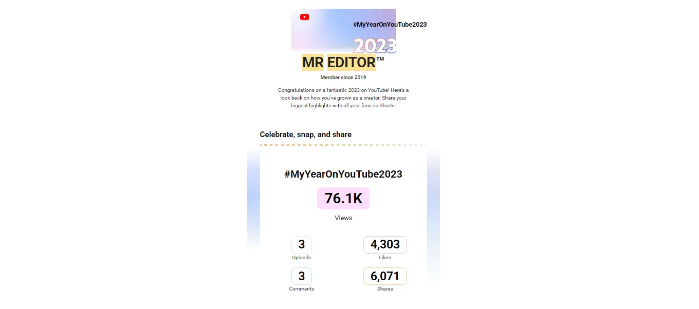 C Sarath Babu's MR EDITOR 2023 YouTube recap showing 76.1 thousand views from three uploads