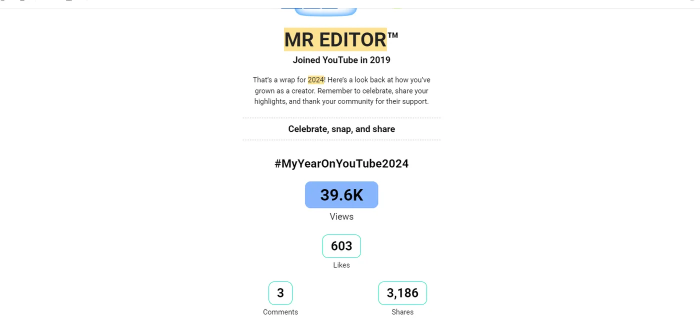 C Sarath Babu's MR EDITOR 2024 YouTube recap showing 39.6 thousand views and 603 likes