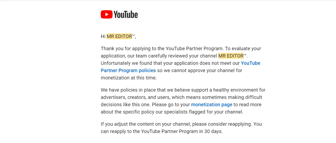 C Sarath Babu's MR EDITOR YouTube Partner Program rejection email, saying the channel does not meet policy and can reapply in 30 days
