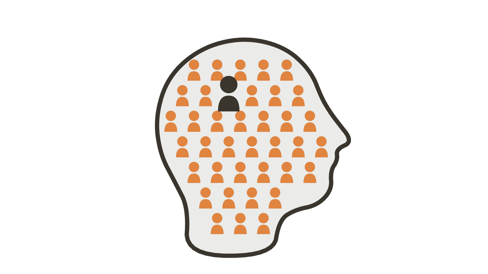 C Sarath Babu (Chidatala Sarath Babu)'s writing on inherited belief. A head in profile filled with rows of small orange figures, with one teal figure among them